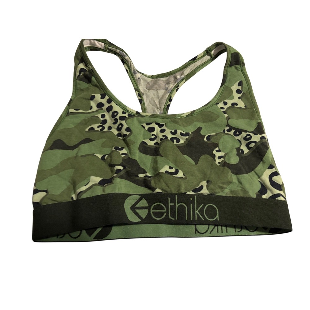 Ethika Womens Green Camo Leopard Print Racerback‎ Sports Bra Logo Band